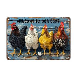 lot 12064 image: KIYOYO Chicken Coop Sign Welcome to Our Coop Vintage Metal Tin Sign for Chicken Accessories Indoor Outdoor Decor 12x8 Inch