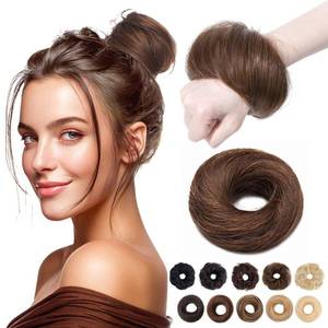 lot 12074 image: MY-LADY Messy Bun Hair Pieces Human Hair for Women Real Hairpiece Straight Scrunchies Tousled Updo Donut Chignon Ponytail Extension Medium Brown