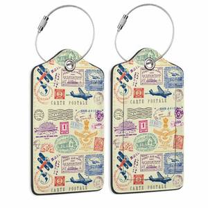 lot 12076 image: Travel Stamp Luggage Tags for Suitcase,2 Pack Retro Passport Carte Postale Luggage Tag Leather Privacy Cover ID Label with Stainless Steel Loop for Women Men Kids Girls