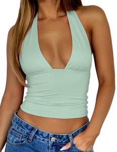 lot 12083 image: TiulZial Womens Backless Halter Tops Deep V Neck Sexy Crop Tank Top Open Back Sleeveless Slim Fit Y2k Summer Tops Light Green Crop Top,S