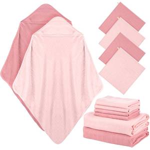 lot 12084 image: Preboun 6 Pcs Muslin Hooded Baby Towels and Washcloths 32x 32 Cotton Newborn Bath Towel Anti-Shrink Infant Baby Blankets with Hood 12x 12 Washcloths for Girl Boy Toddler(Pink,Dark Pink)