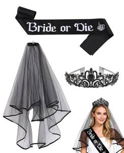 lot 12122 image: Gaahkai 3PCS Black Bachelorette Party Decorations Set, Lace Veil Bride or Die Dead Halloween Wedding Decor Gothic