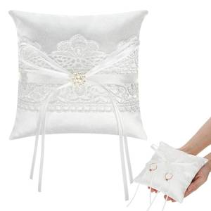 lot 12123 image: Fiwochic Wedding Ring Bearer Pillow Lace Pearl Ivory Satin Bowknot Ring Bearer Cushion for Ceremony Wedding Party Anniversary(Lace Style)