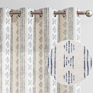 lot 12165 image: Jinchan Boho Linen Blend Curtains for Living Room - Blue Farmhouse 63 Inch Length Geometric Striped Mudcloth Grommet Curtains 2 Panels Blue on Beige