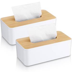 lot 13908 image: Teenyyou 2 Pcs Tissue Box Cover Square Plastic Tissue Holders 5x9 Inch Holder Wood Cover Plate for Bathrooms, Kitchen, Office, Home, Bedroom Dresser, Countertop(White)