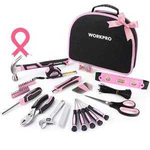 lot 13920 image: WORKPRO Pink Tool Kit - Hand Tool Set with Easy Carrying Round Pouch - Durable, Long Lasting Chrome Finish Tools - Household Tool Kit Perfect for DIY, Home Maintenance - Pink Ribbon