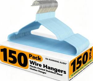lot 13922 image: 150 Pack Clothes Hangers,Non Slip Blue Plastic Coated Metal Coat Hanger for Closet,Sturdy Thin Hangers Bulk Space Saving Hangers for Pants,Skirt,Shirt,Dress,Tie