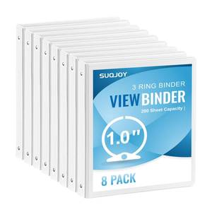 lot 13931 image: SUQJOY Durable 1-inch 3-Ring Binder, 1 Inch Round Ring Binder with 2 Inside Pockets, 8 Pack White Binder, Clear View Cover Binder Holds 8.5 x 11Paper for OfficeHomeBack to School