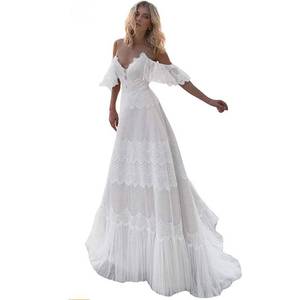 lot 13932 image: Sorayan Womens Wedding Dresses Chic Lace Evening Dresses V Neck Ruffle Sleeves Beachy Boho Outdoorsy Wedding Gowns(White,XL)