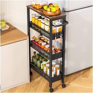 lot 13937 image: Vivihomety Utility Slim Storage Cart with Wheels, 4 Tier Small Rolling Cart with Wood Top, Metal Kitchen Bathroom Laundry Room Organization Trolley with Handle for Narrow Space �� Black