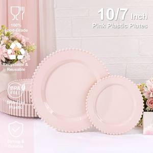 lot 13938 image: U-QE 60PCS Pink Plastic Plates - Heavy Duty Beaded Pink Disposable Plates for Mothers Day, Party, Baby Shower, Wedding - Serving 30 Guests Include 30PCS 10inch Dinner Plate & 30PCS 7inch Dessert Plate