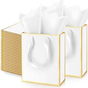 lot 13941 image: Yeaqee 50 Pack Metallic Gift Bags with Handle and Tissue Paper Gold Foil Thank You Bag for Graduation Wedding Groomsmen Bridal Baby Shower Gifts Holiday Party Favors 9x7x3.15 (White Gold)