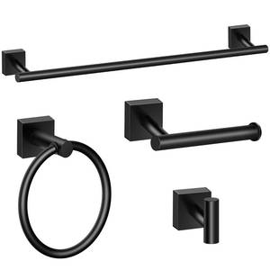 lot 13952 image: DEGULAS Bathroom Hardware Set 4 Pieces, Matte Black Stainless Steel Towel Bar Set, Includes 24In Towel Bar, Towel Ring, Robe Towel Hooks,Toilet Paper Holder, Wall Mounted Towel Rack Set