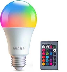 lot 14161 image: AFINSEA RGB Color Changing Light Bulbs,RGB LED Light Bulbs,9W Warm White 6500K,40W Equivalent,16 Color Multicolor A19 E27E26 Dimmable Memory Function, for Home Decoration,Stage,Bar,Party