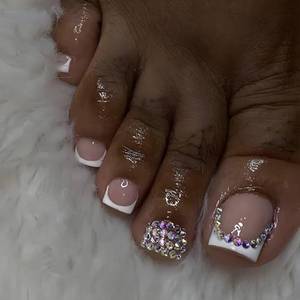 lot 14167 image: CEWEWP Shine Rhinestones Press on Toenails with White French Tip Fake Toenails Glossy Short Square Toe Nails Reusable Full Cover Toe Nails for Women 24Pcs