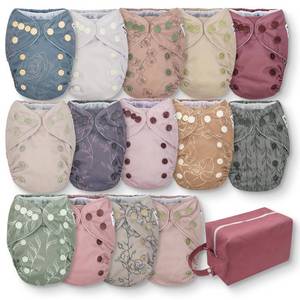 lot 14173 image: Noras Nursery Newborn All-in-One Cloth Diaper 14-Pack with Diaper Pod for Clean Storage - Waterproof, Washable, Reusable, and Adjustable for Babies Under 12lbs - Blushing Blooms