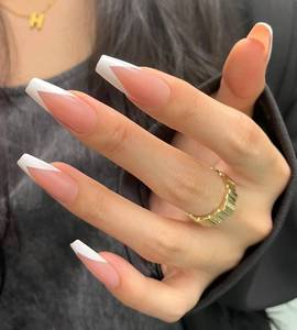lot 14175 image: Artquee V French Tip Press on Nails Long Pink White Coffin Fake Nails Tips Glossy Full Cover Acrylic Nail Artificial Nail Art Reusable Stick on Nails Kit for Women - 30 Pcs in 15 Sizes