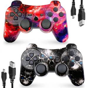 lot 14178 image: CHENGDAO Controller for PS3 2 Pack Wireless Controller for Playstaion 3 6-Axis with High-Performance Double Virbration, Motion Control, USB Charging Cable (Skull  Galaxy)