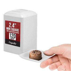 lot 14203 image: Exquisite Tiny Mini Dessert Plates - 120 Pack 2.4 In. x 2.4 In. White Disposable Appetizer Plates - Small Plastic BPA Free for Weddings