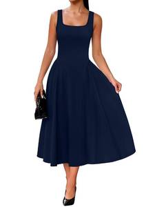 lot 14210 image: OFEEFAN Summer Dresses for Women Square Neck Corset A Line Maxi Dress Ruffle Ruched Waist Flowy Long Outfits Royal Blue 2XL
