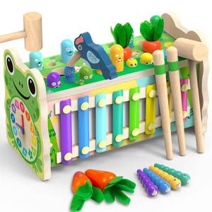 lot 14251 image: Amtreen 6-IN-1 Wooden Montessori Toys for 1 Year Old, Mole-Tapping Game  Play the Xylophone  Frog Clock  Carrot Harvest Game  Spinning Gear, Toddler Toys Aged 1-4, Baby Toy Gift for Early Learning