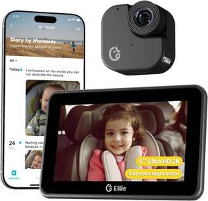 lot 14265 image: Ellie Baby Car Monitor, 2K UHD Backseat Monitor with Color Night Vision, Face Tracking, Dual Display for 2 Kids, Wide View Car Baby Camera, Smart Video Capture & App Control