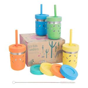 lot 19093 image: Elk and Friends 10oz Stainless Steel Kids  Toddler Drinking Cups  The Original Mason Jar with Sleeves  Lids  Silicone Straws  Smoothies  Storage Jar  Spill Resistant  Dishwasher Safe  4 Pack