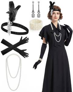 lot 19116 image: Floraltop 6 Pcs 1920s Flapper Costume Accessories Set for Women Vintage Ruffle Cocktail Party Dress Roaring 20s Costume for Nights Large