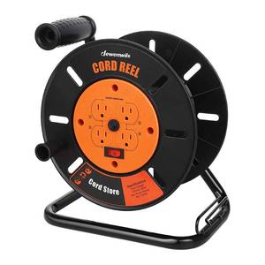lot 19120 image: DEWENWILS Extension Cord Storage Reel with 4-Grounded Outlets, Heavy Duty Open Cord Reel for 123,143,163 Gauge Power Cord, Hand Wind Retractable, 10A Circuit Breaker, Rocker Power Switch