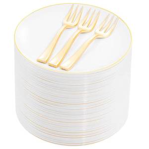 lot 19124 image: Festiva 200Pcs Gold Dessert Plates 6.3 with Forks 5- Small Disposable DessertAppetizeCake Plates Plates- serve 100 guests include 100Plates 100Forks for Wedding &Birthday Party & Outdoor