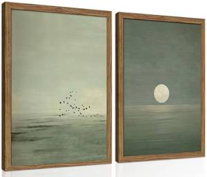 lot 19135 image: Framed Japanese Zen Wall Art Set of 2, Minimalist Sage Green Flying Duck Canvas Wall Decor Paintings, Modern Sunset Landscape Artwork Prints Picture for Living Room Bedroom Bathroom 12x16 Inch