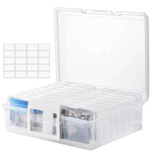lot 19138 image: ALINK Photo Storage Box with Handle, 4 x 6 Photo Case Craft Keeper Organizer Container with 16 Inner Case and Label for Pictures, Arts, Crafts, Sewing, Stickers, Office Supplies - Clear