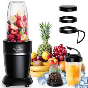 lot 19143 image: Sangcon 1000W Smoothie Blender for Kitchen, Blenders for Smoothies with (3) Cups (2) Spout Covers (1) Storage Cap (1) To-Go Cap, Portable Blender for Shakes, Ice Crushing, Frozen Drinks, Spices