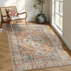 lot 19175 image: Lahome Oriental Washable Rugs for Living Room, 4x6 Bedroom Area Rug Ultra-Thin Soft Non Slip Stain Resistant Vintage Throw Carpet for ��Office Dining Room Eleanor, PeachOrange