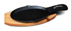 lot 20163 image: Jim Beam JB0159, Heavy Duty Construction, Pre Seasoned Cast Iron Skillet with Wooden Base and Mitt, Black,Small (HANDLE BROKEN)