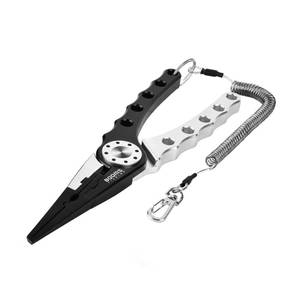 lot 20208 image: Booms Fishing X1 Fishing Pliers Aluminum, Surf Fishing Saltwater, with Coiled Lanyard and Sheath, Black