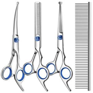 lot 20223 image: Professional 4 in 1 Dog & Cat Grooming Scissors Kit with Safety Round Tips,Sharp & Durable,Dog Shears for Grooming - Includes Straight, Curved, Thinning Scissors and Comb - Premium Pet Supplies