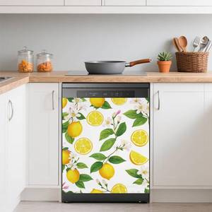 lot 20233 image: Dishwasher Cover,Lemon Fruit Reusable Dishwasher Magnet Cover,Decorative White Flowers Magnetic Refrigerator Cover Front Panel Cover for Kitchen Decor 23x26 Inch