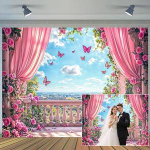 lot 20263 image: 10X8ft Pink Floral Terrace Backdrop Retro Flowers Curtain Romantic Roses Photography Background Kids Couples Wedding Girls Birthday Party Decorations Photo Studio Props Wall Decor Banner