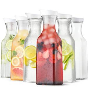 lot 1512 image: Plastic 50 Oz Water Carafe with Flip Top Lid, Set of 6 Square Base Clear Plastic Juice Container Pitcher - for Water, Iced Tea, Juice, Beverage, Lemonade, Milk and Mimosa Bar - HAND WASH ONLY