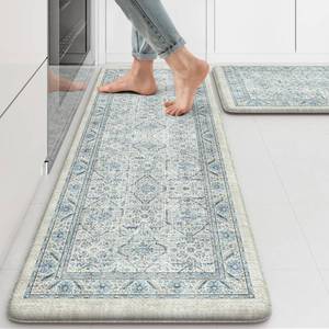 lot 1518 image: KIMODE Anti Fatigue Kitchen Mats 20x4720x32, Boho Vintage Kitchen Rugs Sets of 2, Non Slip Waterproof Kitchen Floor Mats, Memory Foam Kitchen Mat for Sink, Laundry, Desk GreenGrey