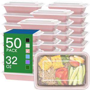 lot 1553 image: 50 Pack (100-Piece) 32 oz Meal Prep Containers Reusable with Easy Open Lids, Sturdy Leakproof Food Safe, Microwave Freezer Dishwasher Safe, To Go Take Out Plastic Food Storage Pans with Lids, Pink