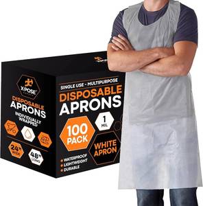 lot 2072 image: Xpose Safety 100 White Plastic Disposable Aprons for Cooking & more Individually Packaged, Durable 1 Mil Waterproof Polyethylene 24 x 48