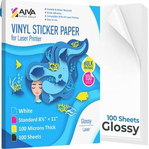 lot 2078 image: Printable Vinyl Sticker Paper for Laser Printer - Glossy White - 100 Self-Adhesive Sheets - Waterproof Decal Paper - Standard Letter Size 8.5x11