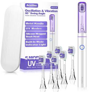 lot 2092 image: Metal Electric Toothbrush with UV Mode, Vibration and Oscillation Electric Toothbrush for Adults, 6 Brush Heads & Travel Case & Dust Cover, 5 Modes & Built in Timer, One Charge Last 120 Day��Sliver��