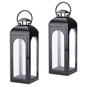 lot 3336 image: Bdor 2 Pack Luxury Black Metal Lanterns �� 16 Tall Modern Hurricane Candle Lanterns with Tempered Glass Panels for Front Porch, Tabletop, Mantel, Wall Hanging, Garden, Indoor & Outdoor D�cor
