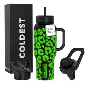 lot 3343 image: Coldest Tumbler with Handle and Straw, 100% Leak Proof Insulated Tumbler with Lid and Straw (3 Lids), Stainless Steel Tumblers for Women & Men, Cup Holder Friendly, 36 oz (Glowie Leopard)