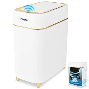 lot 3366 image: Pukomc 2.3 Gallon  9L Automatic Adsorption Sensor Trash Can, White Gold Motion Sensor Garbage Bin with Suction, Slim Fashionable Design for Kitchen, Bathroom, Office & Small Space