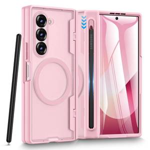 lot 4081 image: Caka for Samsung Galaxy Z Fold 6 Case Thinner S Pen Holder Slot Magnetic Charging Hinge Protection Built-in Screen Protector Translucent Hard Shockproof Magnet Phone Cover for Zfold 6 - Pink