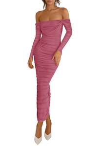 lot 4108 image: PRETTYGARDEN Womens 2026 Fall Long Sleeve Maxi Dress Off Shoulder Mesh Ruched Bodycon Trendy Long Wedding Guest Dresses (Dark Pink,Large)